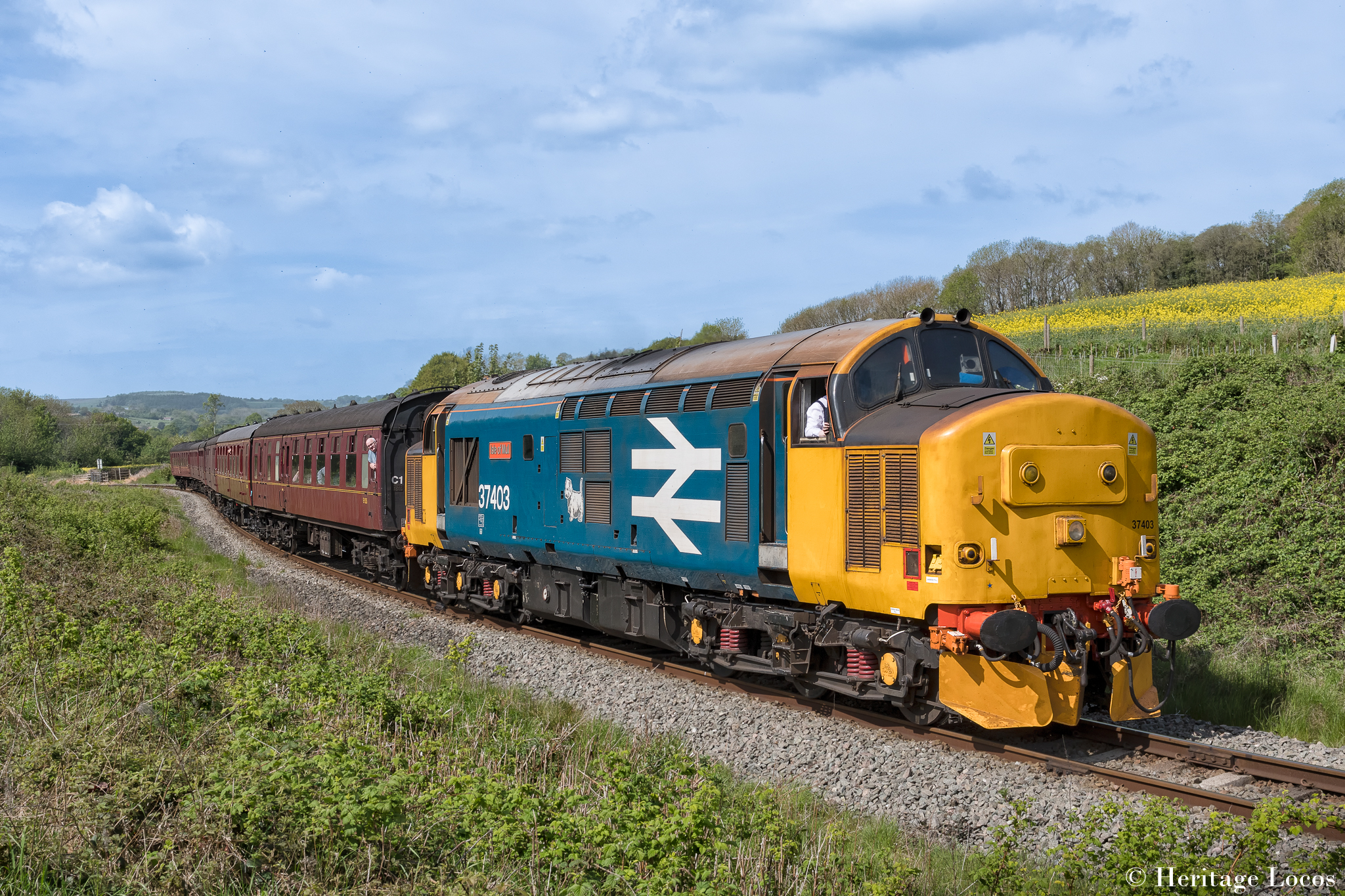 37403 'Isle of Mull' is seen leaving Grosmont on the 10:40 to Whitby on the NYMR
