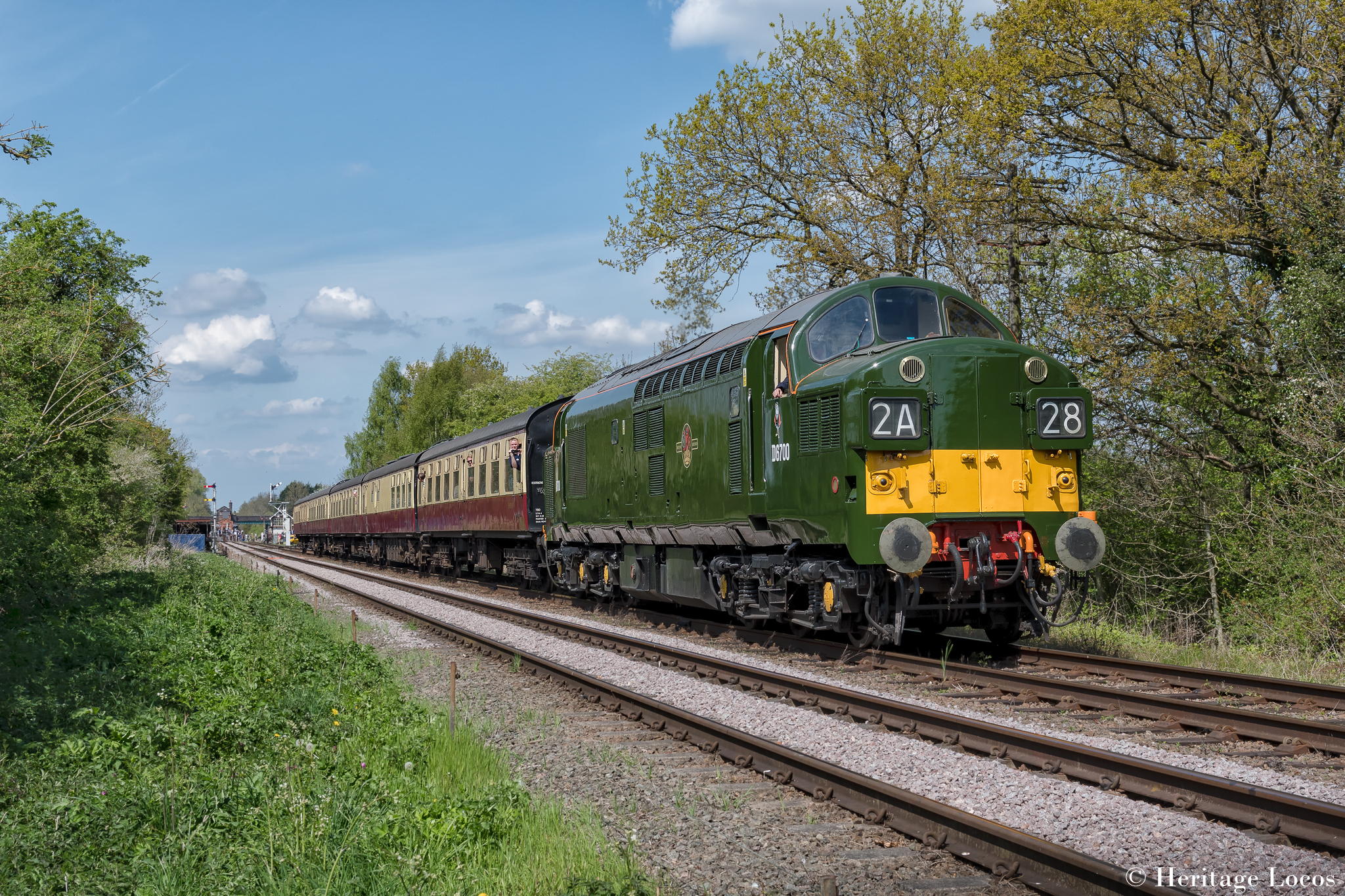 D6700 departs Quorn and Woodhouse station on the 2A28 Loughborough to Leicester North during the GCR Spring Diesel Gala. 30 April 2022