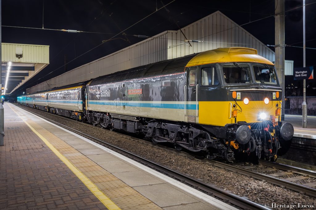 47712 Lady Diana Spencer drops off passengers at Warrington Bank Quay on its return from its inaugural run following restoration. 1Z18 1615 Edinburgh Waverley to Crewe.